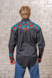 Men's Vintage Red Floral Turquoise Embroidered Western Shirt in Black Rockmount Ranch Wear, embroidered floral western shirt