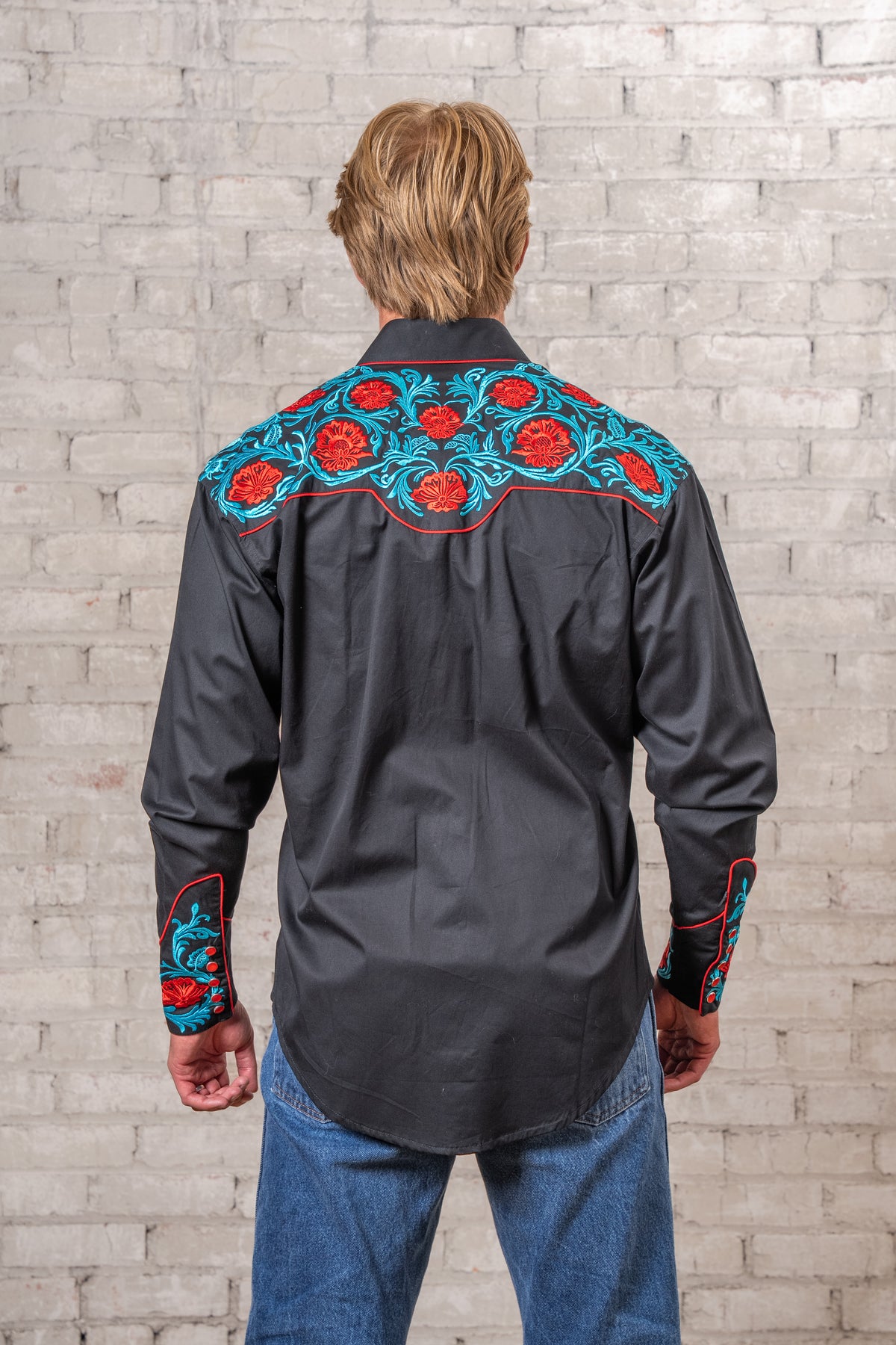 Men's Vintage Red Floral Turquoise Embroidered Western Shirt in Black Rockmount Ranch Wear, embroidered floral western shirt