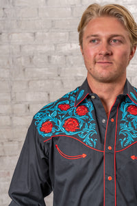 Men's Vintage Red Floral Turquoise Embroidered Western Shirt in Black Rockmount Ranch Wear with embroidered floral