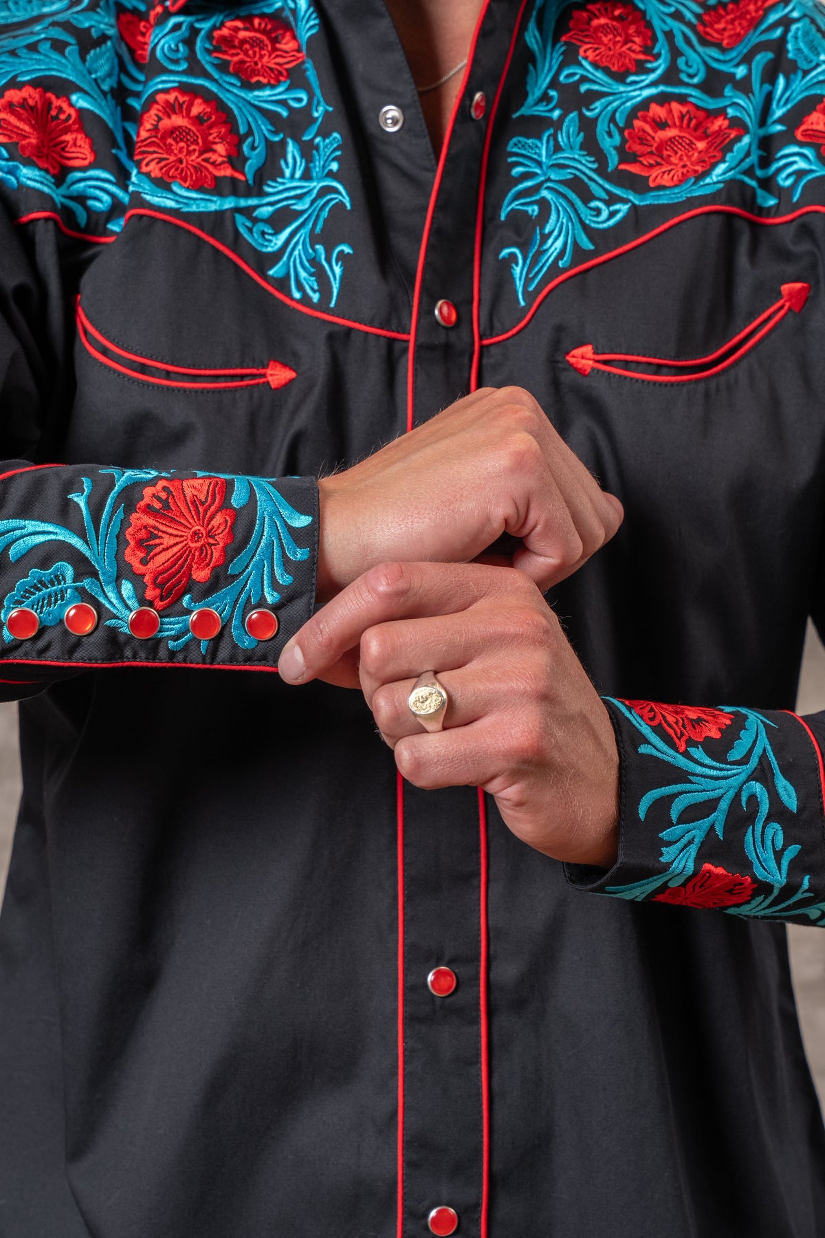 Men's Vintage Red Floral Turquoise Embroidered Western Shirt in Black by Rockmount Ranch Wear with embroidered floral