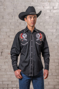 Men's Chief Skulls Vintage Embroidered Western Shirt by Rockmount Ranch Wear in black with embroidered skulls