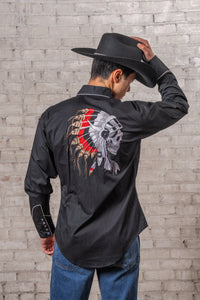 Men's Chief Skulls Vintage Embroidered Western Shirt by Rockmount Ranch Wear in black with embroidered front