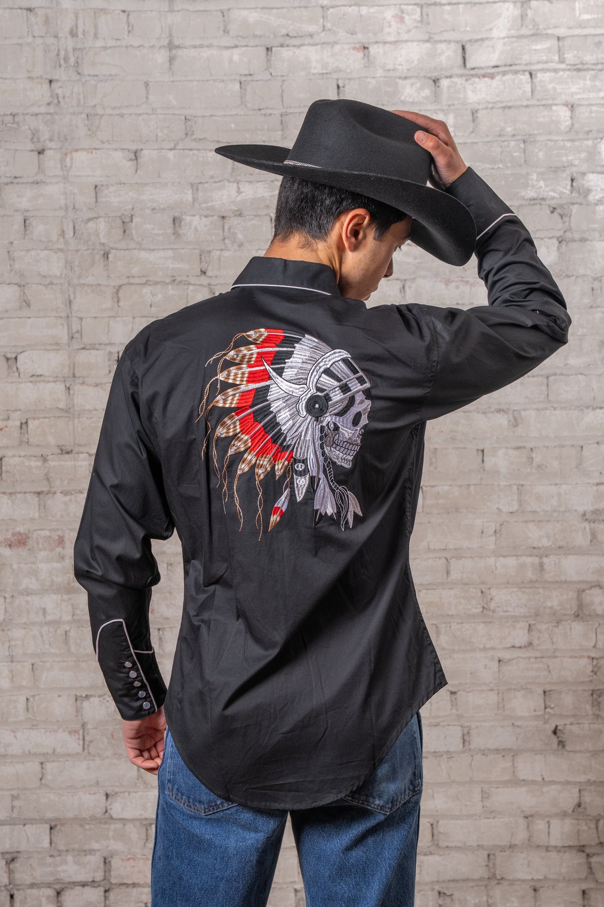 Men's Chief Skulls Vintage Embroidered Western Shirt by Rockmount Ranch Wear in black with embroidered front