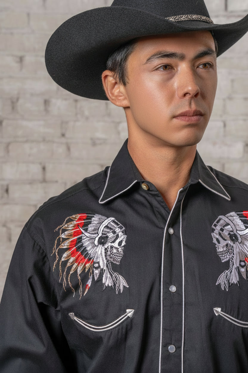 Men's Chief Skulls Vintage Embroidered Western Shirt by Rockmount Ranch Wear in black with embroidered arrows