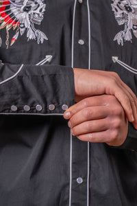 Men's Chief Skulls Vintage Embroidered Western Shirt by Rockmount Ranch Wear with pearl snap and embroidered arrows
