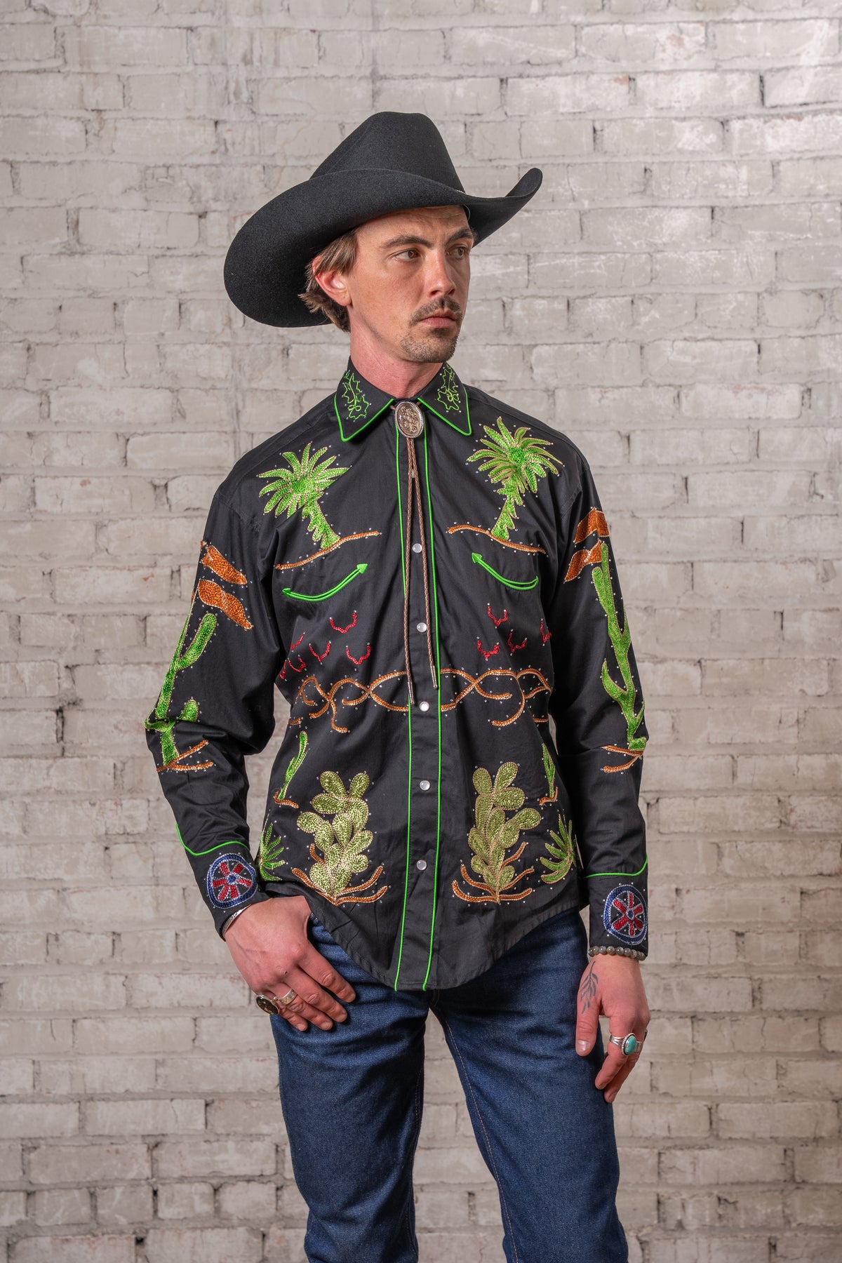 Men's Porter Wagoner Black Embroidered Western Shirt by Rockmount Ranch Wear, vintage floral cactus embroidery