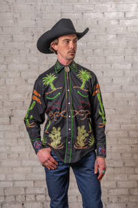 Men's Porter Wagoner Black Embroidered Western Shirt by Rockmount Ranch Wear, vintage floral cactus embroidery