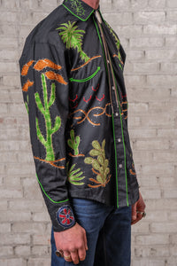 Men's Porter Wagoner Black Embroidered Western Shirt by Rockmount Ranch Wear with vintage cactus embroidery