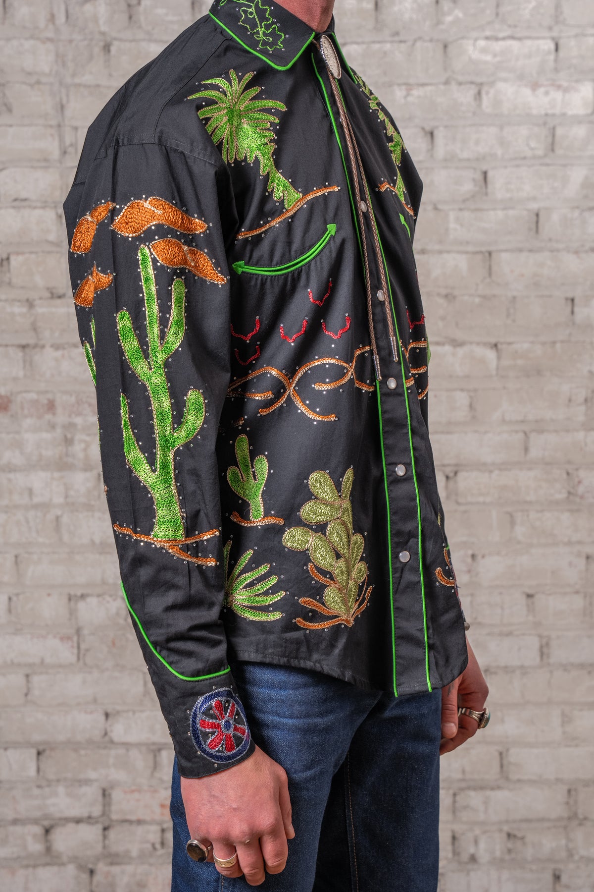 Men's Porter Wagoner Black Embroidered Western Shirt by Rockmount Ranch Wear with vintage cactus embroidery