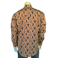 Men's Vintage Brown Lariat Boot Steer Skull Print Western Shirt by Rockmount Ranch Wear with snaps
