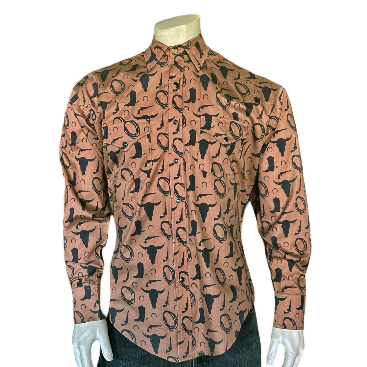 Men's Vintage Brown Lariat Boot Steer Skull Print Western Shirt by Rockmount Ranch Wear, snap shirt