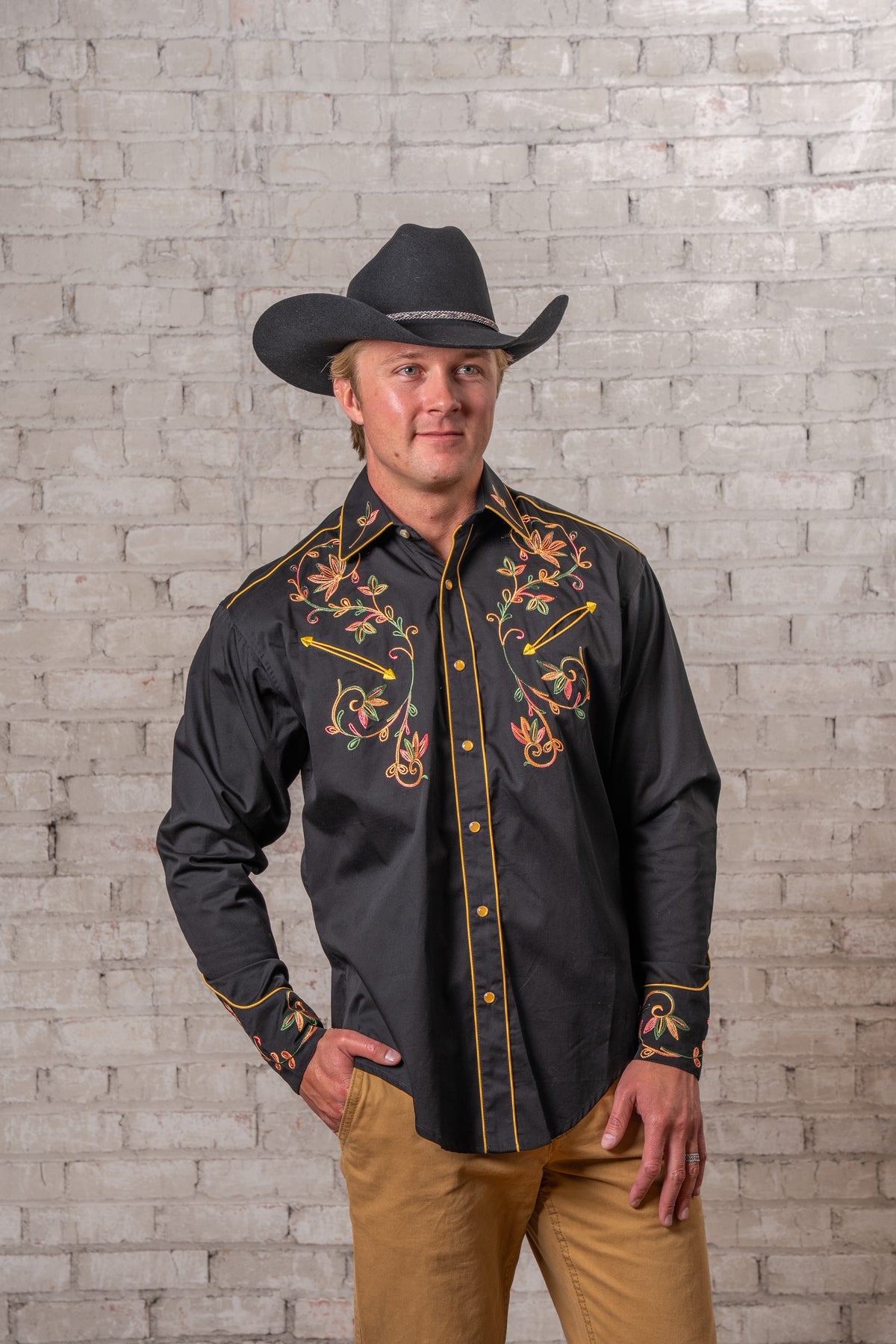 Men's Black Vintage Variegated Floral Embroidered Western Shirt by Rockmount Ranch Wear, vintage floral embroidery