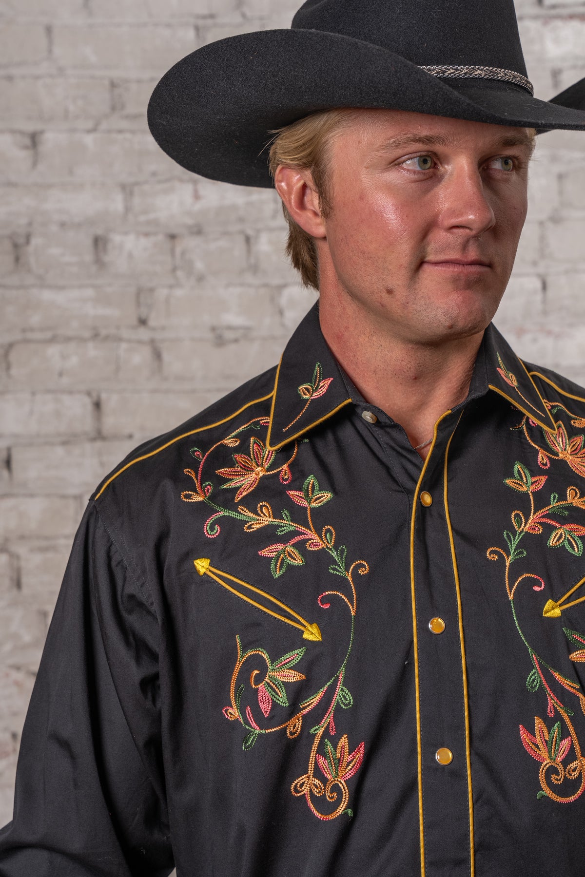 Men's Black Vintage Variegated Floral Embroidered Western Shirt by Rockmount Ranch Wear with embroidered yokes