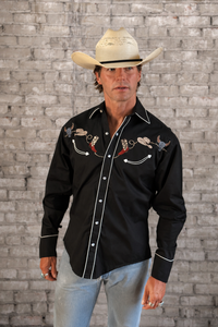 Men's Black Boot, Hat and Skull Embroidered Western Shirt by Rockmount Ranch Wear, vintage western shirt with embroidered smile pockets