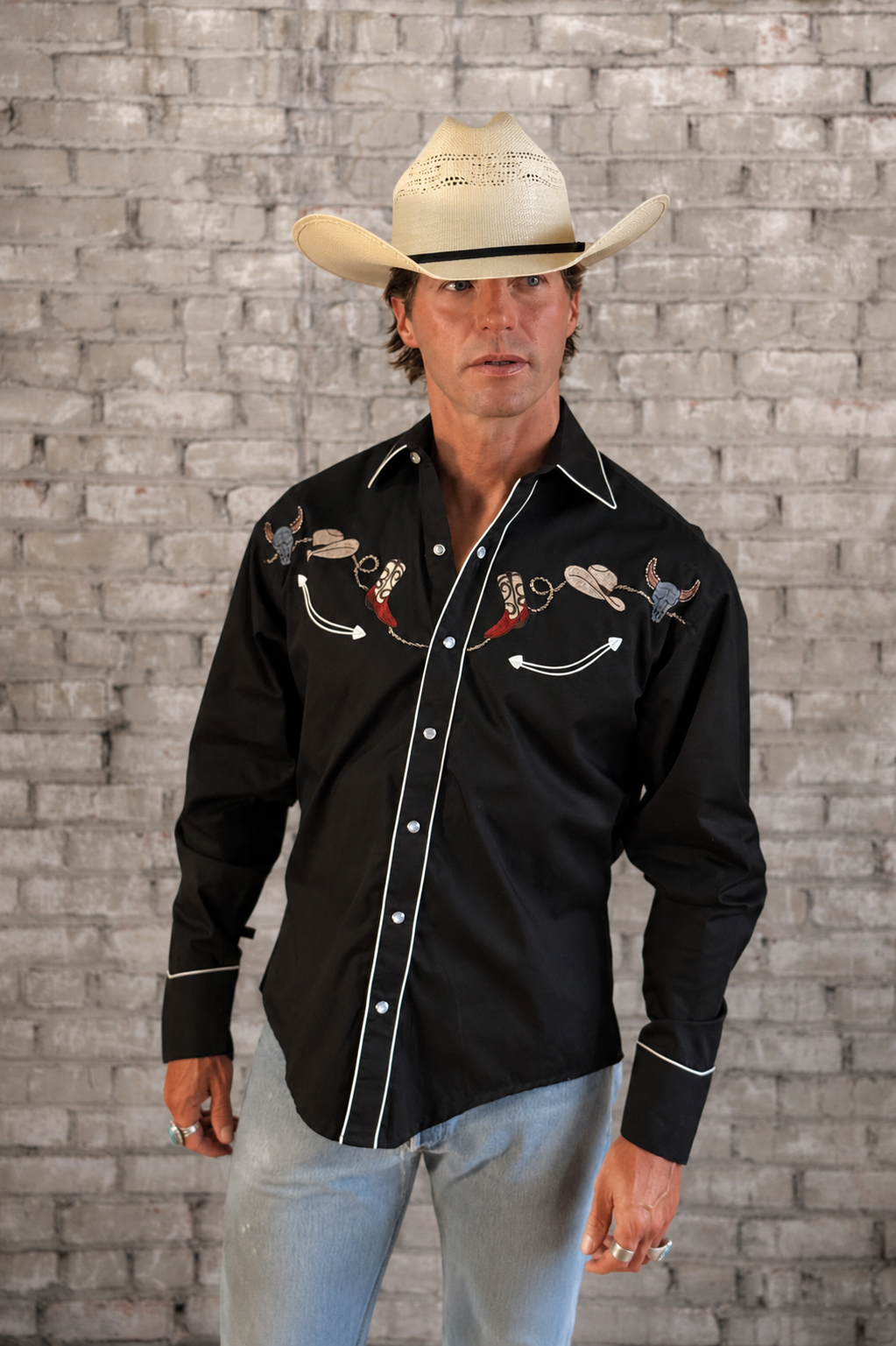 Men's Black Boot, Hat and Skull Embroidered Western Shirt by Rockmount Ranch Wear, vintage western shirt with embroidered smile pockets