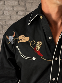 Men's Black Boot, Hat and Skull Embroidered Western Shirt by Rockmount Ranch Wear with steer skull embroidery
