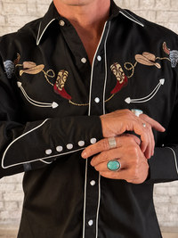 Men's Black Boot, Hat and Skull Embroidered Western Shirt by Rockmount Ranch Wear with western wear snaps