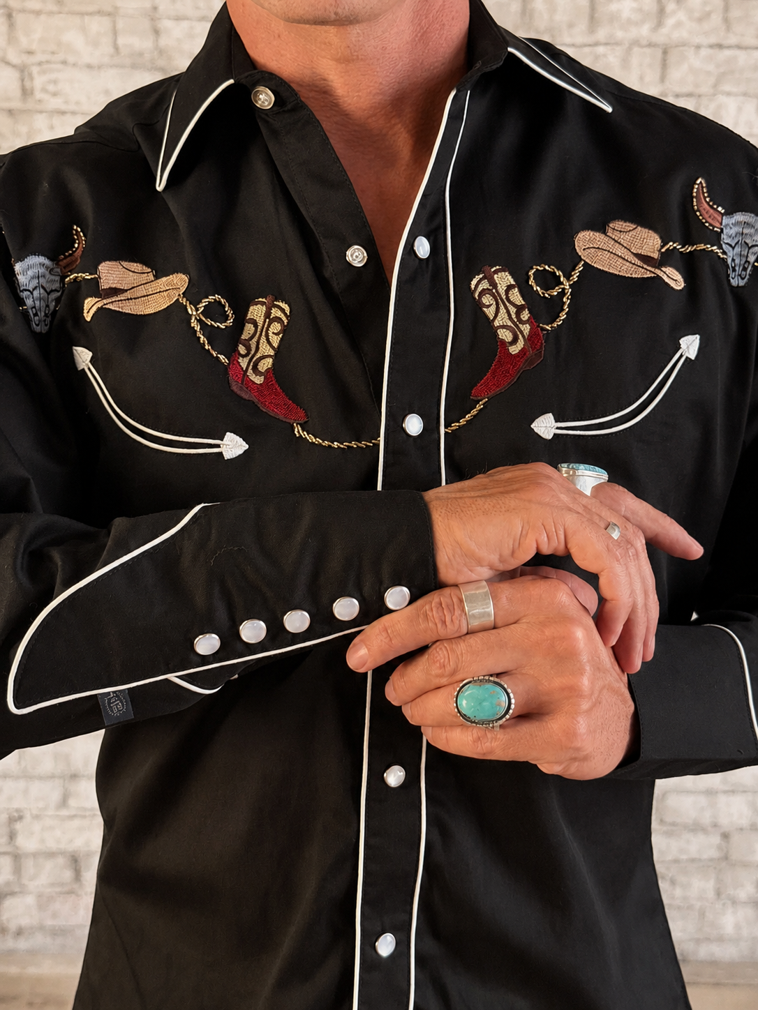 Men's Black Boot, Hat and Skull Embroidered Western Shirt by Rockmount Ranch Wear with western wear snaps