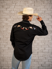 Men's Black Boot, Hat and Skull Embroidered Western Shirt by Rockmount Ranch Wear, vintage western wear