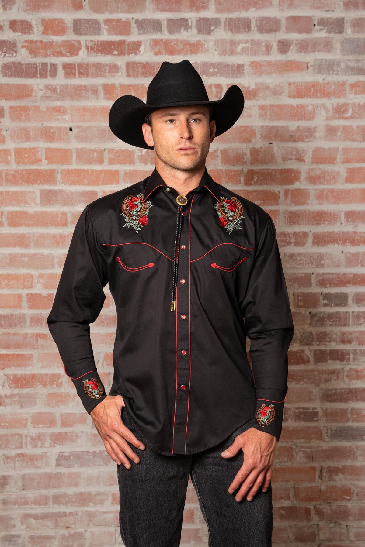 Men's Black Floral Horseshoe Embroidered Western Shirt by Rockmount Ranch Wear with intricate embroidery