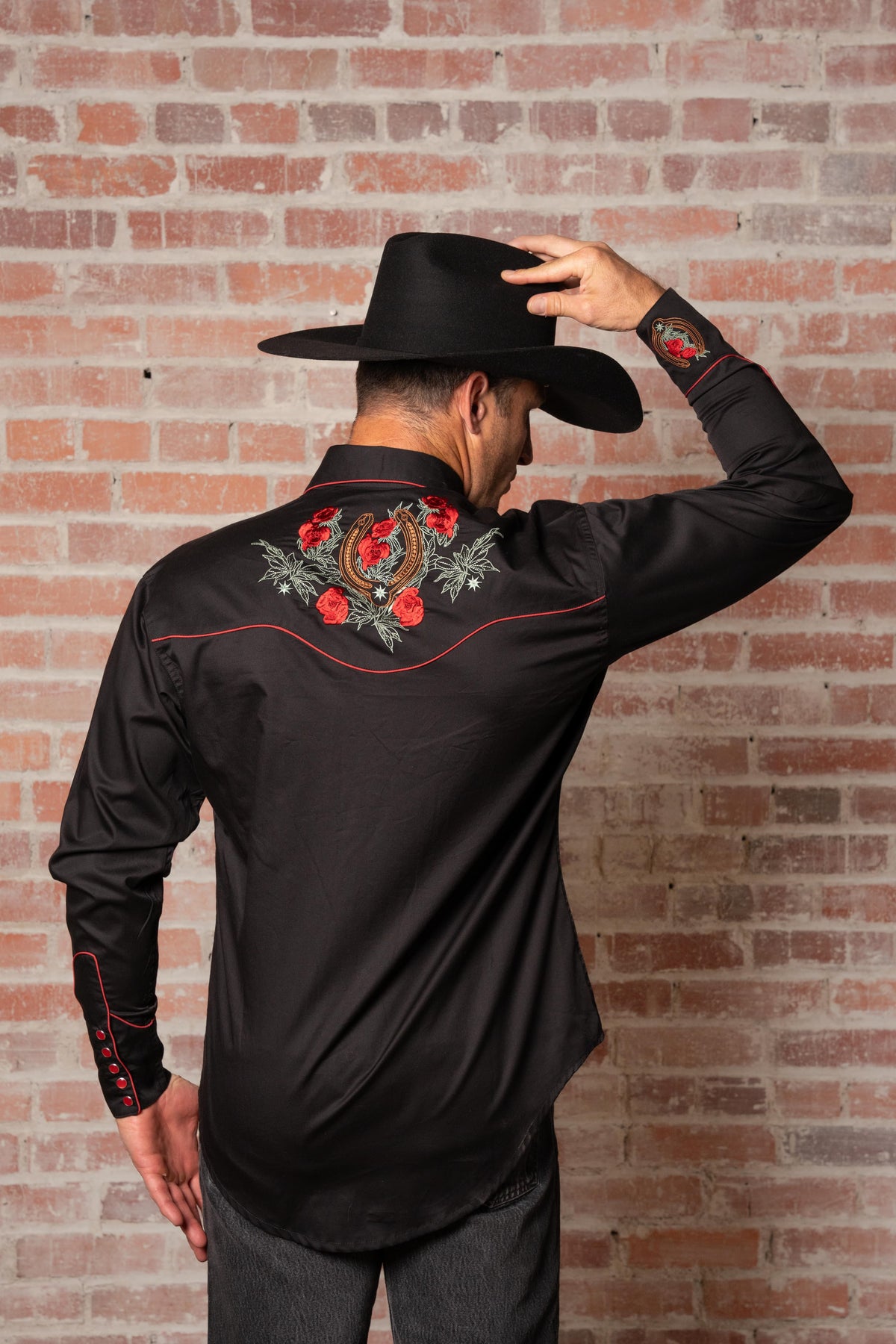 Men's Black Floral Horseshoe Embroidered Western Shirt by Rockmount Ranch Wear with intricate floral embroidery