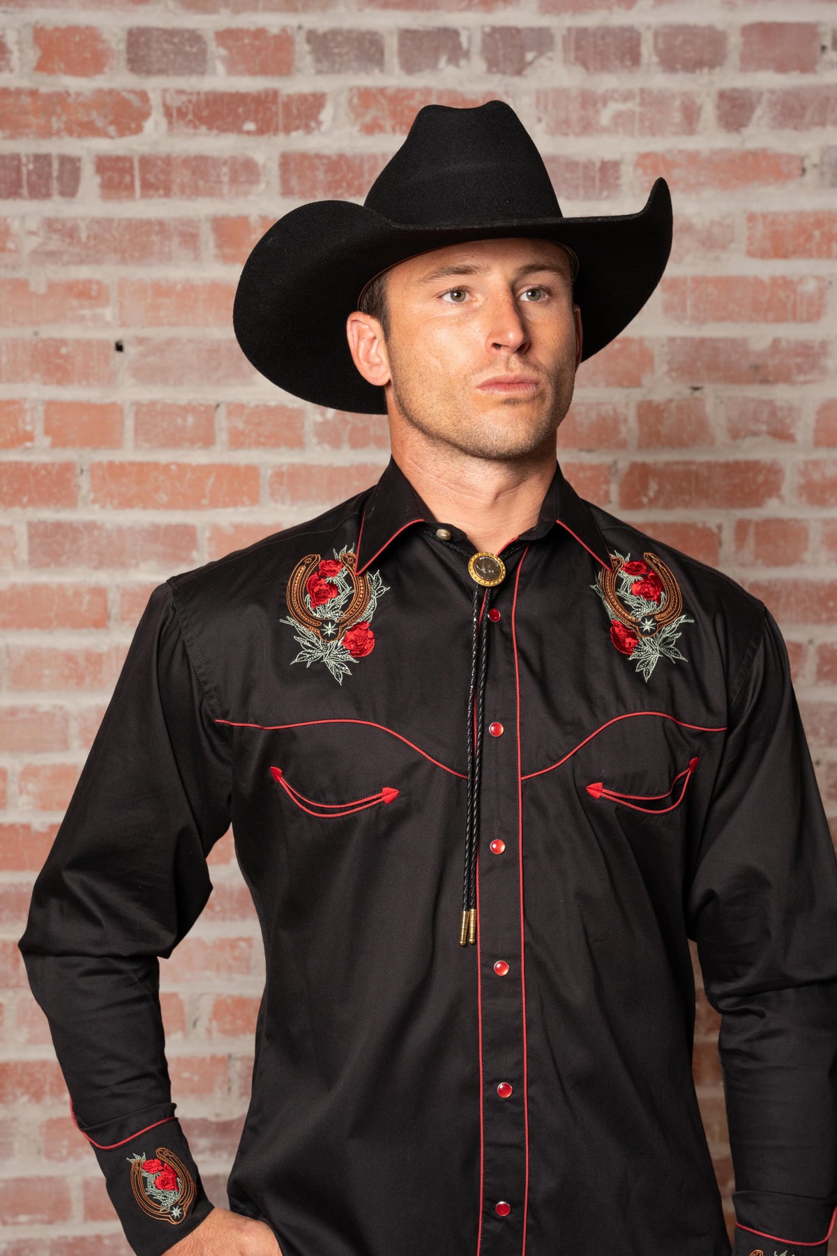 Men's Black Floral and Horseshoe Embroidered Western Shirt by Rockmount Ranch Wear with intricate embroidery