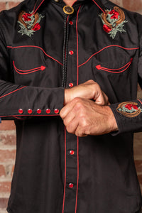 Men's Black Floral Horseshoe Embroidered Western Shirt by Rockmount Ranch Wear with intricate embroidery