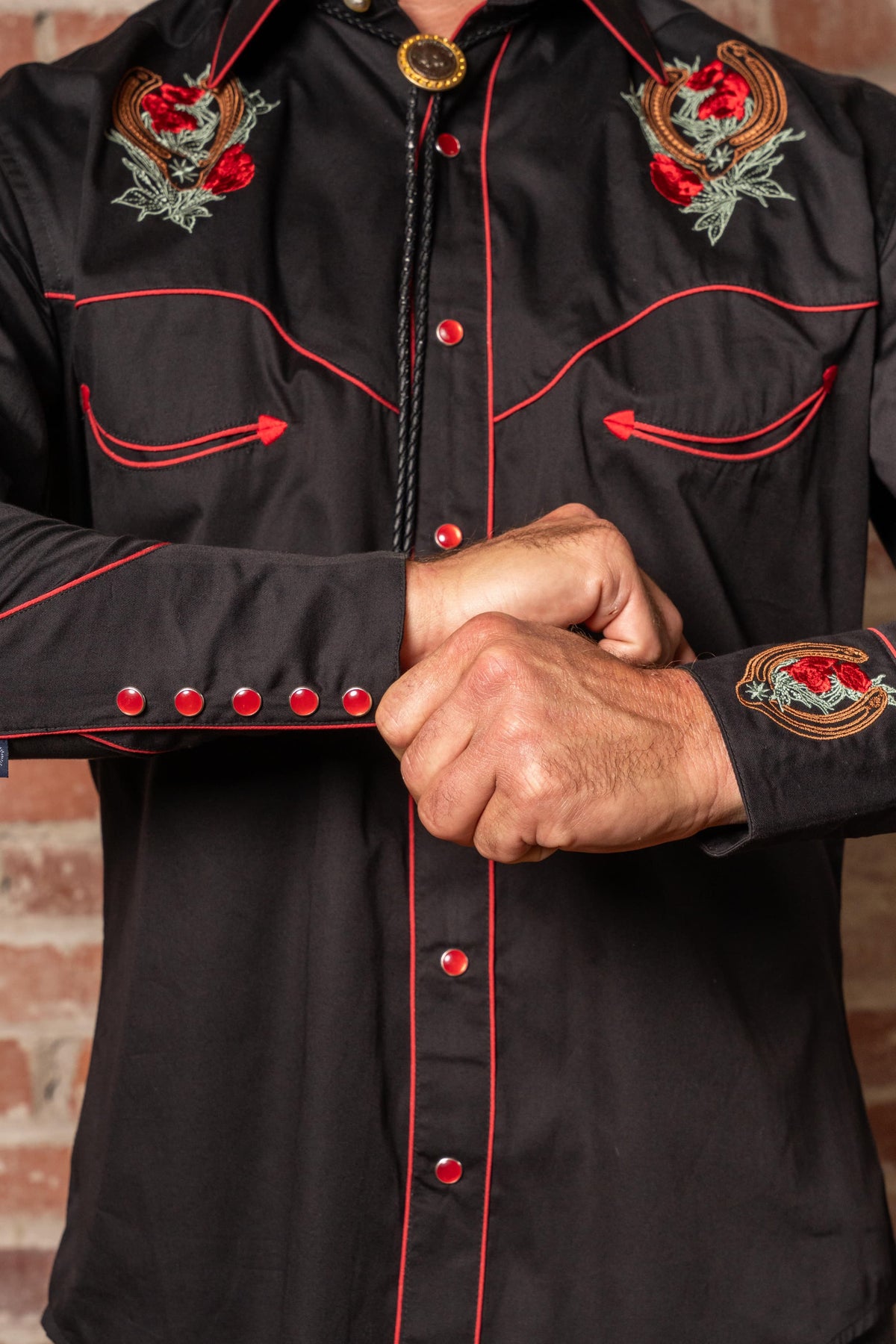 Men's Black Floral Horseshoe Embroidered Western Shirt by Rockmount Ranch Wear with intricate embroidery