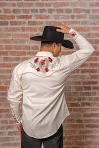 Men's Ivory Floral and Horseshoe Embroidery Western Shirt by Rockmount Ranch Wear, vintage fringe floral