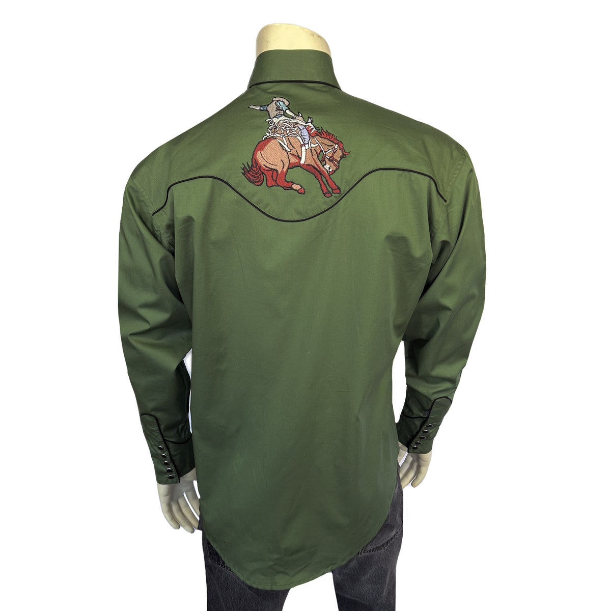 Men's Green Iconic Bronc Embroidered Western Shirt by Rockmount Ranch Wear with vintage fringe and snaps