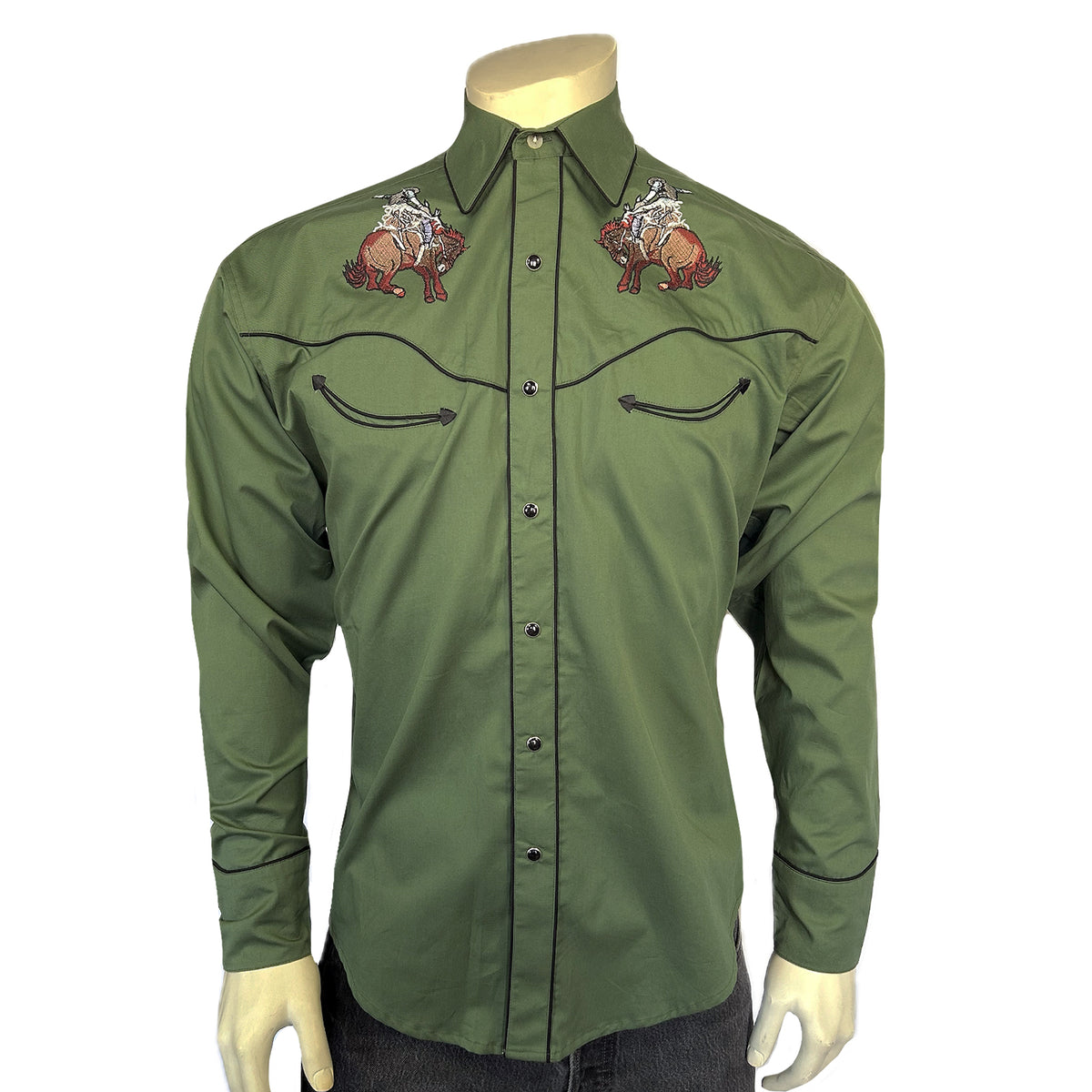 Men's Green Iconic Bronc Embroidered Western Shirt by Rockmount Ranch Wear with smile pockets and snaps