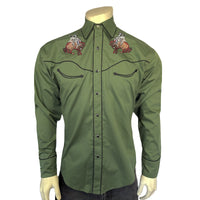 Men's Green Iconic Bronc Embroidered Western Shirt by Rockmount Ranch Wear with smile pockets and snaps