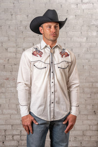 Men's Ivory Iconic Bronc Embroidery Western Shirt by Rockmount Ranch Wear in vintage style with bronc embroidery