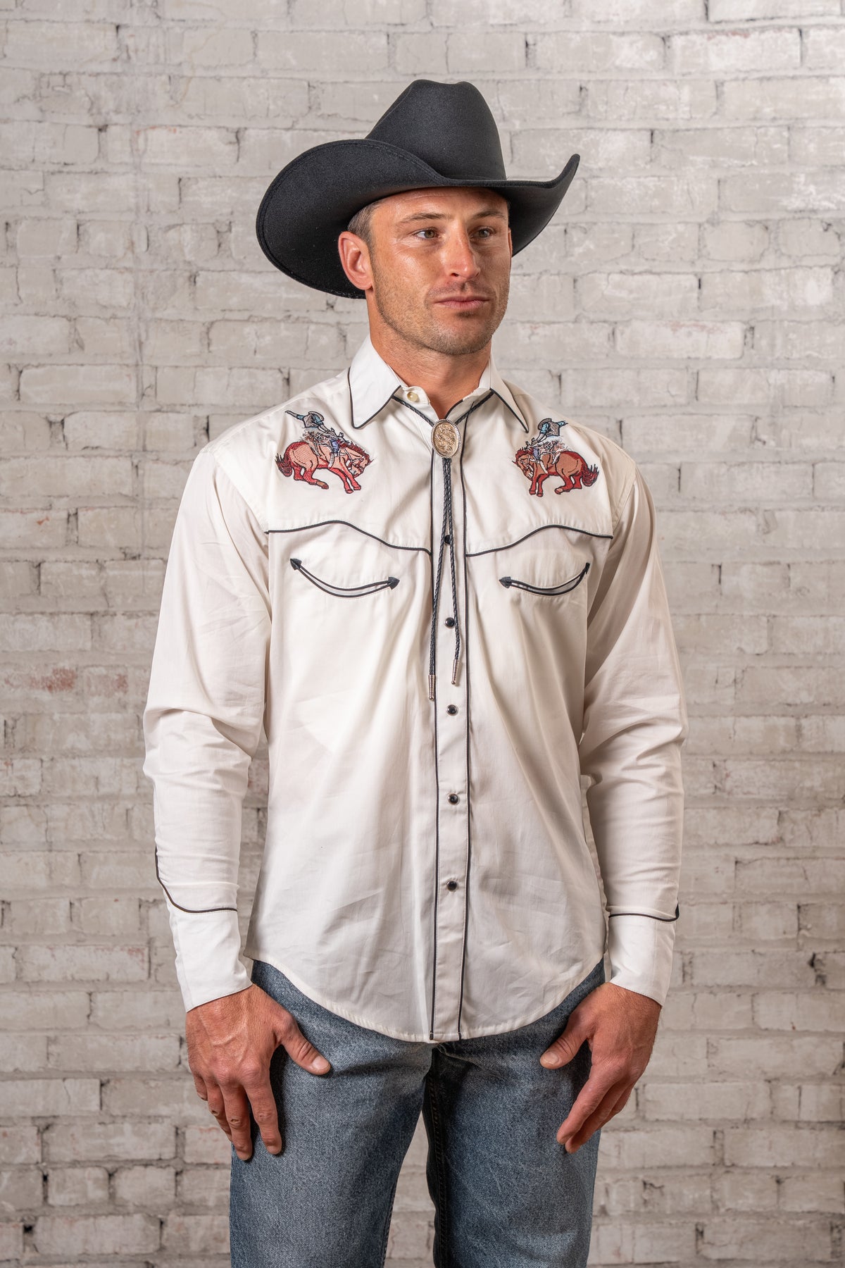 Men's Ivory Iconic Bronc Embroidery Western Shirt by Rockmount Ranch Wear in vintage style with bronc embroidery