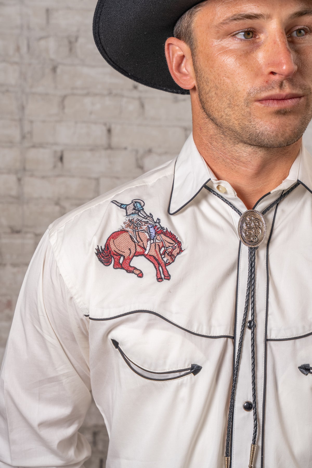 Men's Ivory Iconic Bronc Embroidery Western Shirt by Rockmount Ranch Wear in vintage style with embroidered western shirt