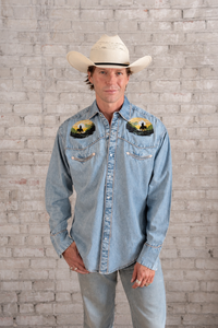 Men's Denim Cowboy Sunset Embroidery Western Shirt by Rockmount Ranch Wear in vintage denim with embroidered western shirt