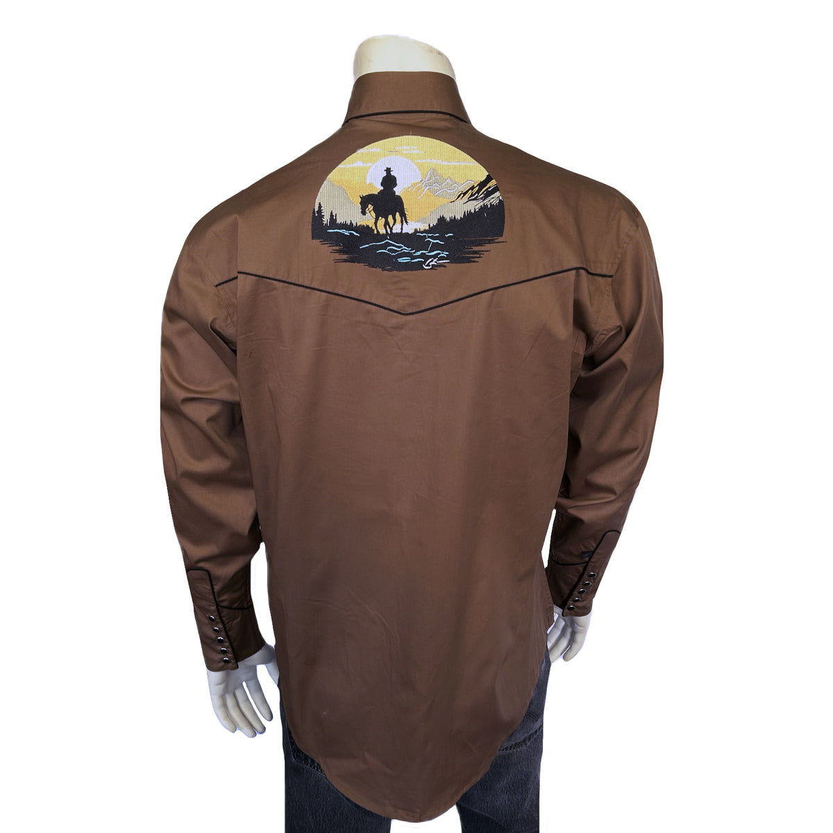 Men's Brown Cowboy Sunset Embroidered Western Shirt by Rockmount Ranch Wear, vintage western shirt with embroidered floral scene