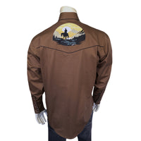 Men's Brown Cowboy Sunset Embroidered Western Shirt by Rockmount Ranch Wear, vintage western shirt with embroidered floral scene