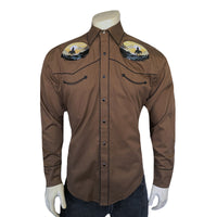 Men's Brown Cowboy Sunset Embroidered Western Shirt by Rockmount Ranch Wear with embroidered western shirt smile pockets