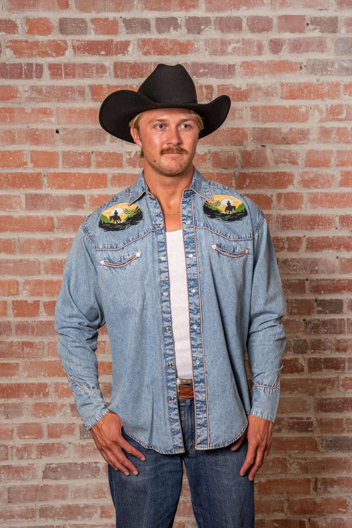 Men's Denim Cowboy Sunset Embroidery Western Shirt by Rockmount Ranch Wear in denim with embroidered arrowheads