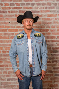 Men's Denim Cowboy Sunset Embroidery Western Shirt by Rockmount Ranch Wear in denim with embroidered arrowheads