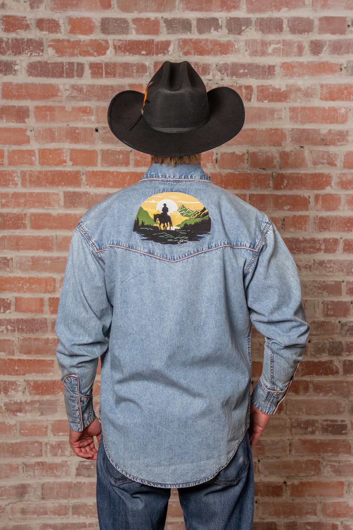 Men's Denim Cowboy Sunset Embroidery Western Shirt by Rockmount Ranch Wear, vintage denim western shirt with floral embroidery