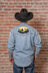 Men's Denim Cowboy Sunset Embroidery Western Shirt by Rockmount Ranch Wear, vintage denim western shirt with floral embroidery