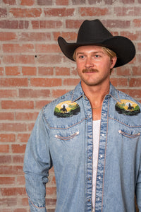Men's Denim Cowboy Sunset Embroidery Western Shirt by Rockmount Ranch Wear, vintage denim with embroidered arrowheads