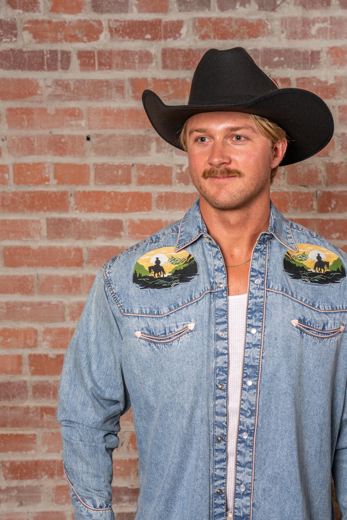 Men's Denim Cowboy Sunset Embroidery Western Shirt by Rockmount Ranch Wear, vintage denim with embroidered arrowheads