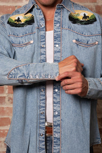 Men's Denim Cowboy Sunset Embroidery Western Shirt by Rockmount Ranch Wear, blue denim western shirt with snaps