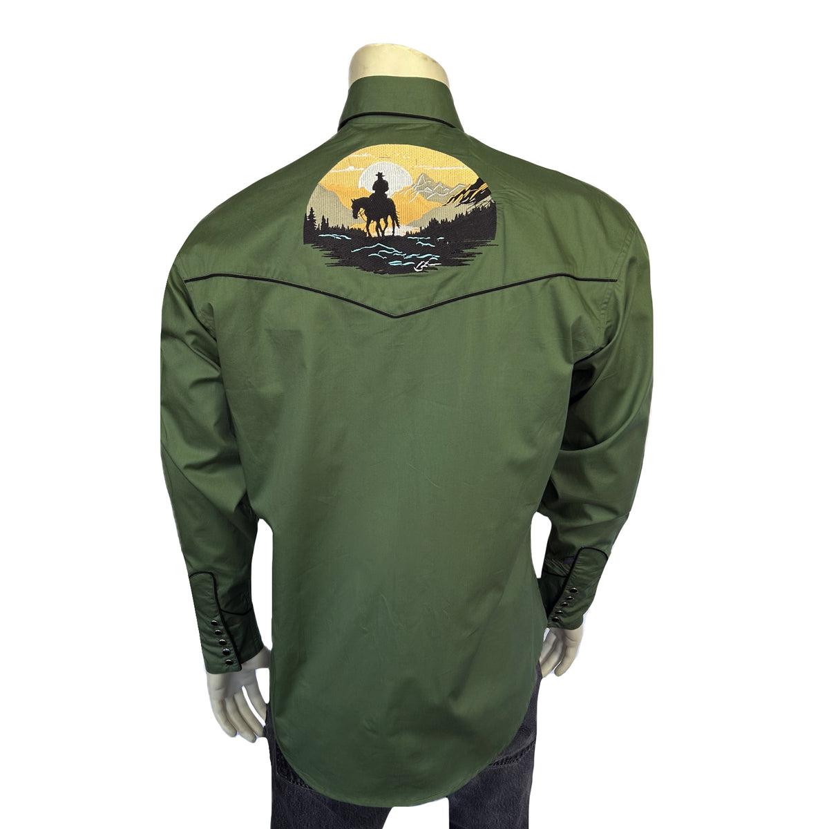 Men's Green Cowboy Sunset Embroidered Western Shirt by Rockmount Ranch Wear, vintage fringe western shirt