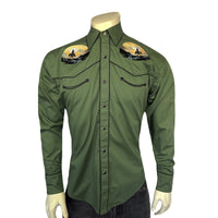 Men's Green Cowboy Sunset Embroidered Western Shirt by Rockmount Ranch Wear with smile pockets and shotgun cuffs