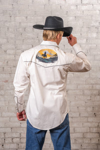 Men's Ivory Cowboy Sunset Embroidery Western Shirt by Rockmount Ranch Wear with smile pockets and embroidered arrowheads