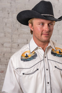 Men's Ivory Cowboy Sunset Embroidery Western Shirt by Rockmount Ranch Wear, vintage embroidered western shirt